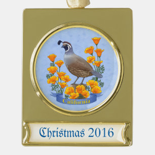 California State Bird Quail & Golden Poppy Gold Plated Banner Ornament