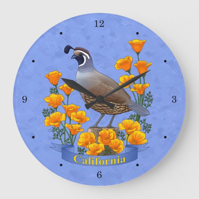 California State Bird Quail & Golden Poppy Large Clock (Front)