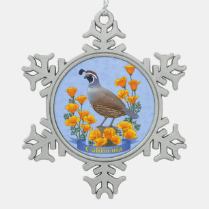 California State Bird Quail & Golden Poppy Snowflake Pewter Christmas Ornament