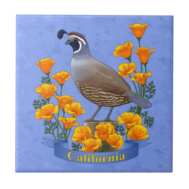 California State Bird Quail & Golden Poppy Tile (Front)