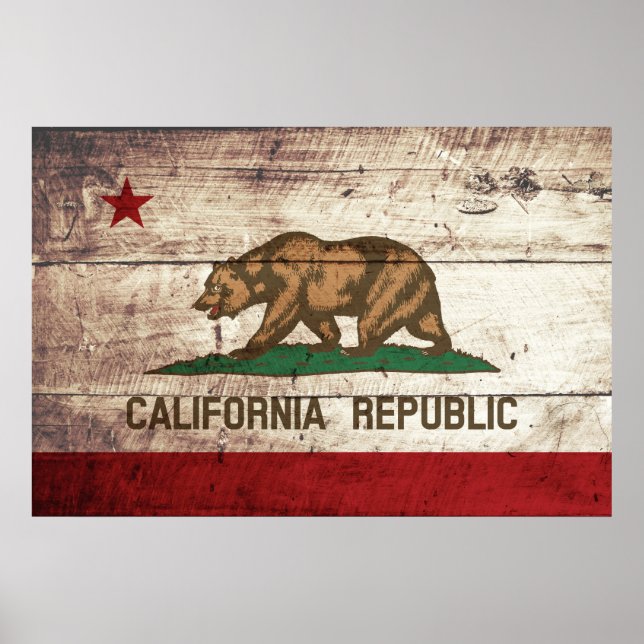 California State Flag on Old Wood Grain Poster (Front)