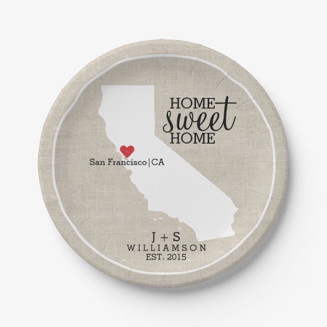 California State Love Home Sweet Home Custom Map Paper Plate (Front)