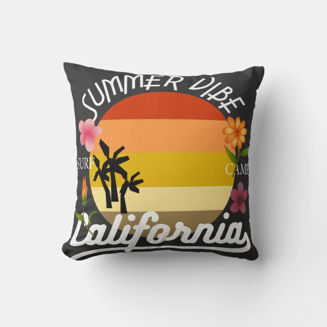California Summer Vibe Surf Camp Throw Pillow (Front)
