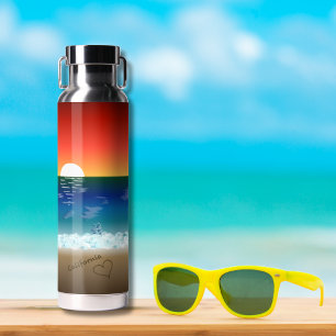 California Sunset   Beach Sand Heart Water Bottle