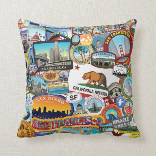 California Super Sticker Collage Pattern Cushion