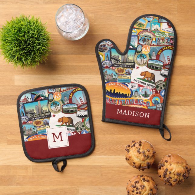 California Super Sticker Collage Pattern Oven Mitt & Pot Holder Set (Top Down)