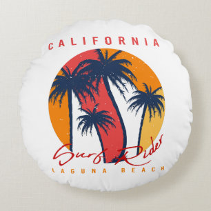 California Surf Ride Laguna Beach Retro Palm Sunse Round Cushion