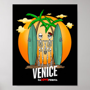 California Surf Sunny Venice Beach Surfing Skeleto Poster