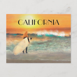 California Surfer Girl Beach Sunset Postcard