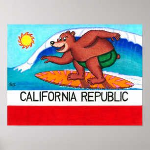 California Surfing Bear Flag Poster