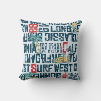 California Surfing Team: Grunge Seamless Pattern. Cushion