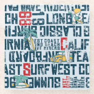 California Surfing Team: Grunge Seamless Pattern. Glass Coaster