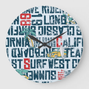 California Surfing Team: Grunge Seamless Pattern. Large Clock