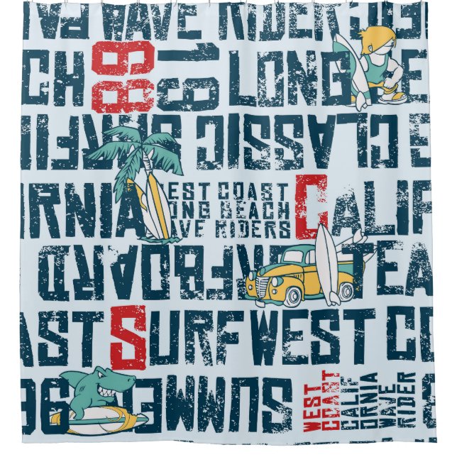California Surfing Team: Grunge Seamless Pattern. Shower Curtain (Front)