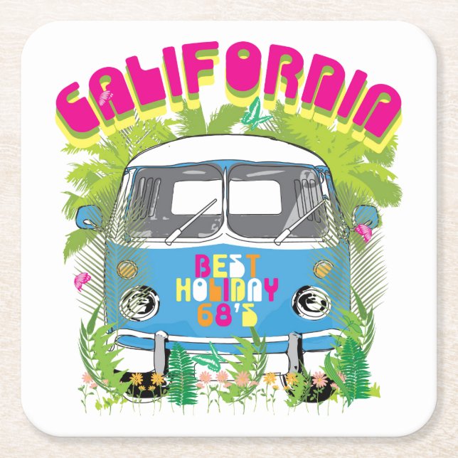 California Surfing Van Square Paper Coaster (Front)