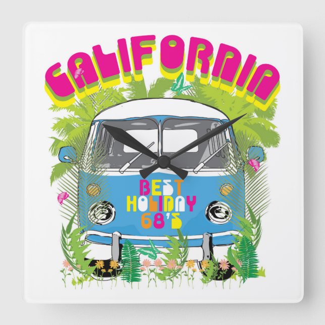 California Surfing Van Square Wall Clock (Front)