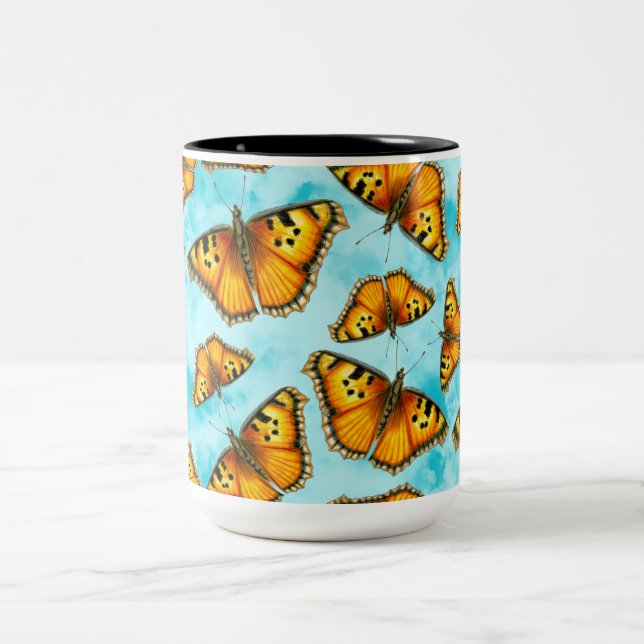 California Tortoiseshell Butterfly on Clouds  Two-Tone Coffee Mug (Center)