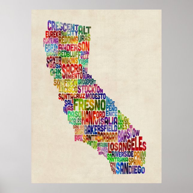 California Typography Text Map Poster (Front)