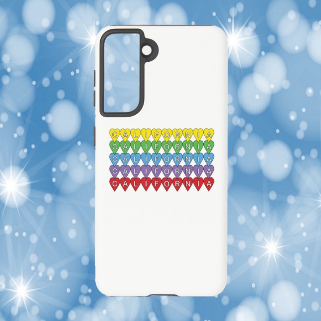 California US State Hearts Samsung Galaxy S21 Case (A phone case with the word California in yellow, green, blue, purple and red hearts)