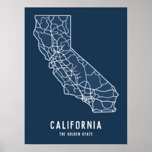 California US State road map - golden state map Poster