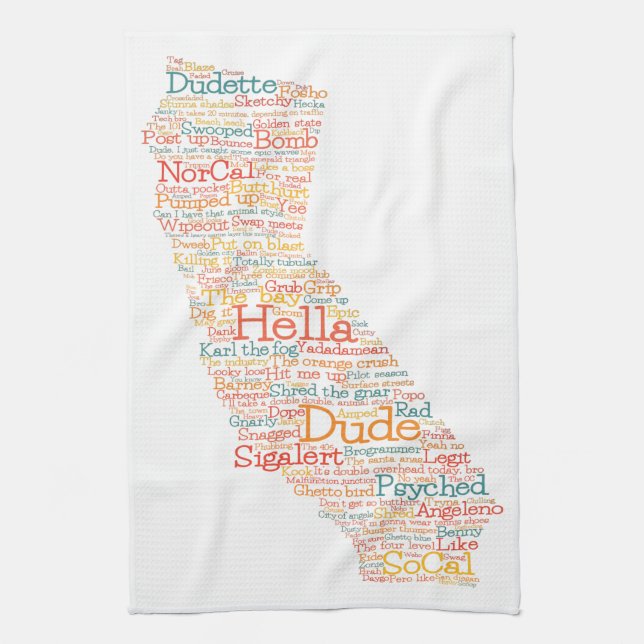 California USA Slang Word Art Map Tea Towel (Vertical)