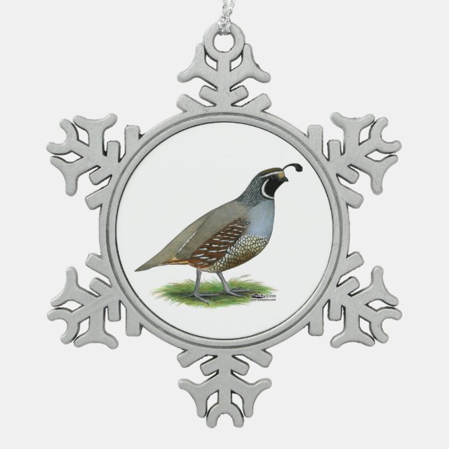 California Valley Quail Snowflake Pewter Christmas Ornament (Front)