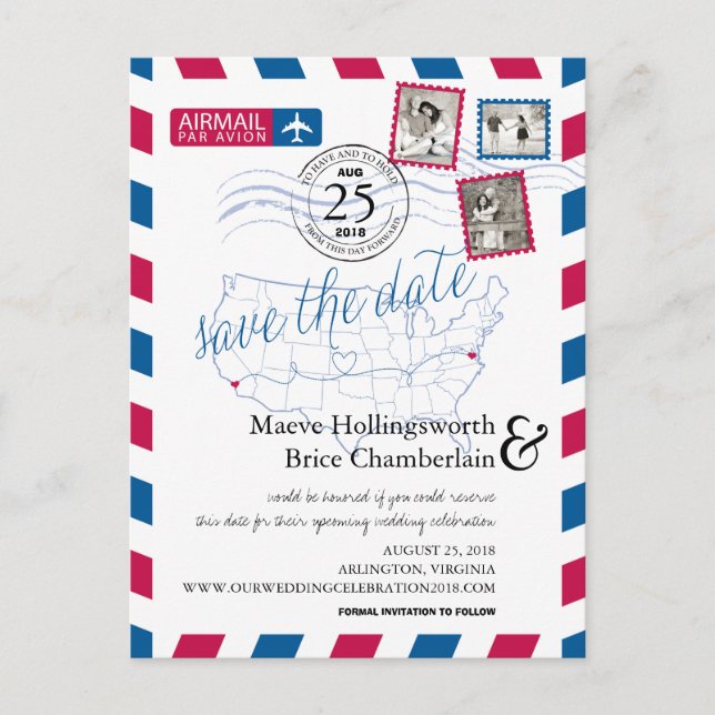 California Virginia Location Airmail Save The Date Announcement Postcard (Front)