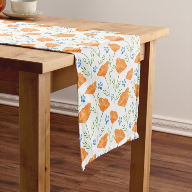 California Watercolor Poppy Pattern Short Table Runner (In Situ)