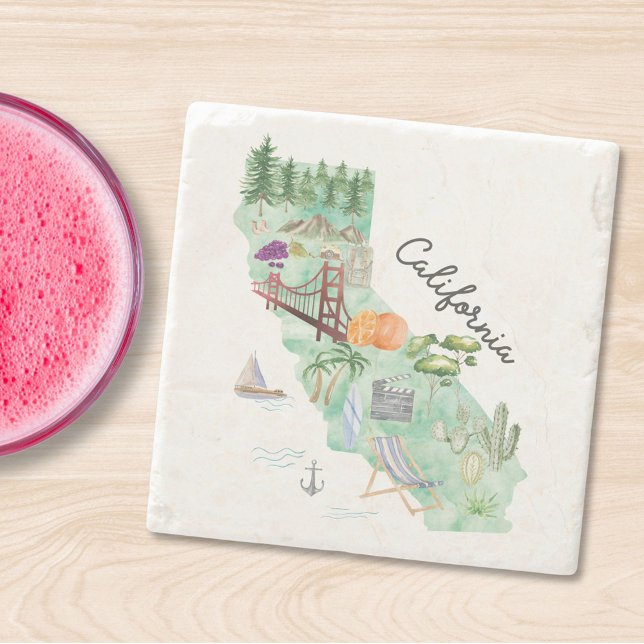 California Watercolor State Map Art  Stone Coaster (In situ)