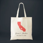 California Wedding Welcome Tote Bag<br><div class="desc">Welcome out of town wedding guests with a bag full of snacks and treats personalised with the state where you're getting married and the bride and groom's names and wedding date. Click Customise It to move the heart to show any city or location on the state map. Use the design...</div>