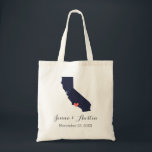 California Wedding Welcome Tote Bag<br><div class="desc">Welcome out of town wedding guests with a bag full of snacks and treats personalised with the state where you're getting married and the bride and groom's names and wedding date. Click Customise It to move the heart to show any city or location on the state map. Use the design...</div>