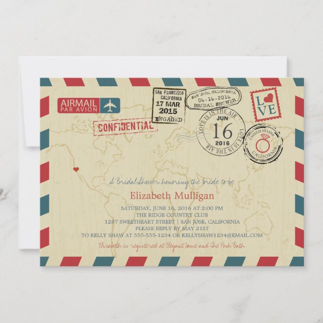 California World Traveller Airmail Bridal Shower Invitation (Front)