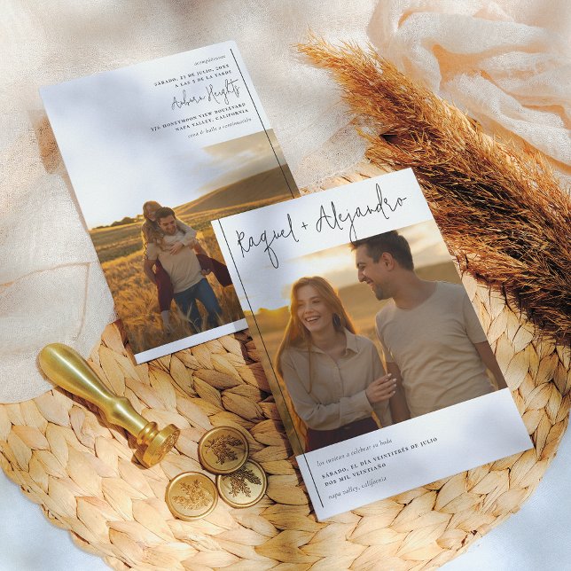 Caligrafía Boho Invitación de Boda con 2 Fotos Invitation (Creator Uploaded)