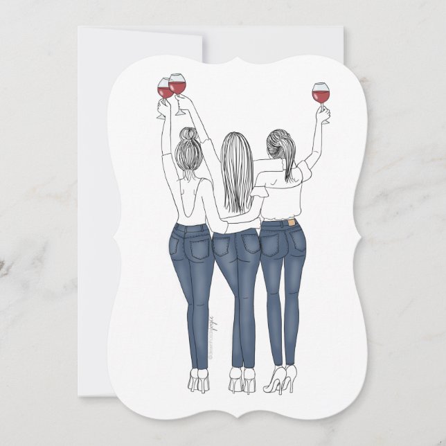 Call Drawing Three Friends With Wine Invitation (Front)