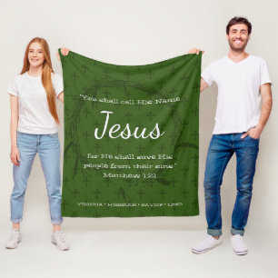 CALL HIS NAME JESUS Green Christmas Scripture Fleece Blanket
