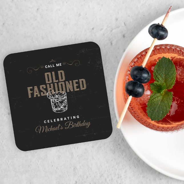 Call Me Old Fashioned Whiskey Cocktail Birthday Square Paper Coaster (Creator Uploaded)