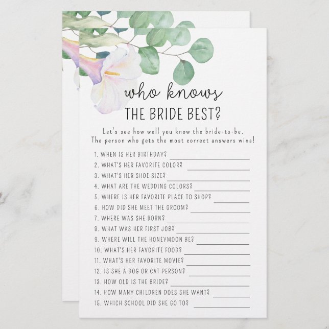 Calla and eucalypt - Who knows the bride best game (Front/Back)
