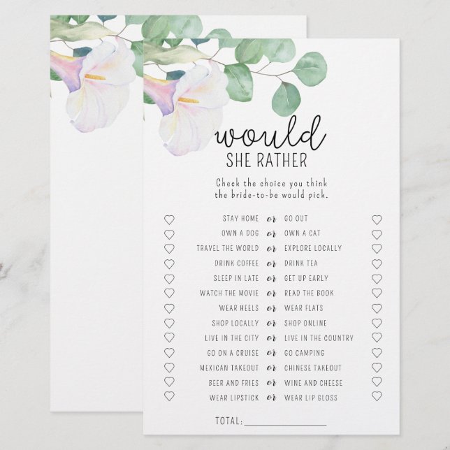 Calla flower - Would she rather bridal shower game (Front/Back)