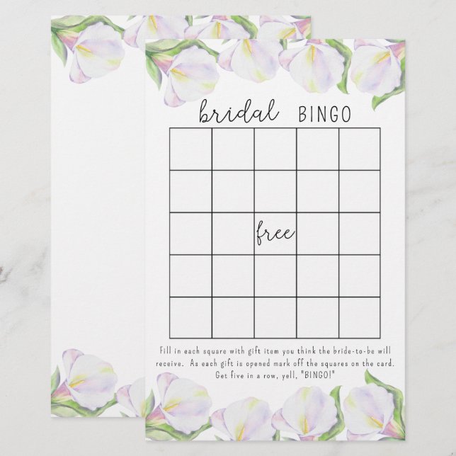 Calla flowers - bridal shower bingo game (Front/Back)