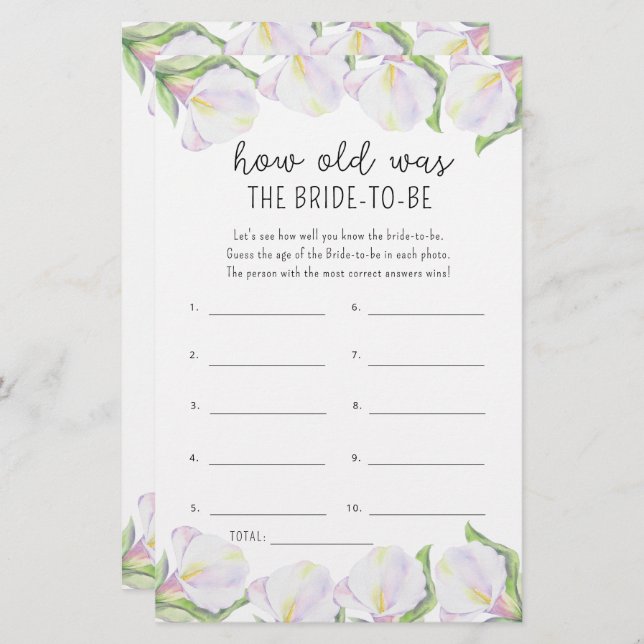 Calla flowers - How old was the bride to be (Front/Back)
