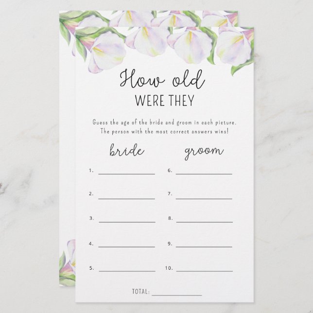 Calla flowers - How old were they bridal game (Front/Back)