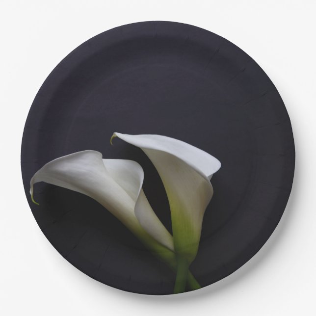 Calla lilies on a dark background paper plate (Front)