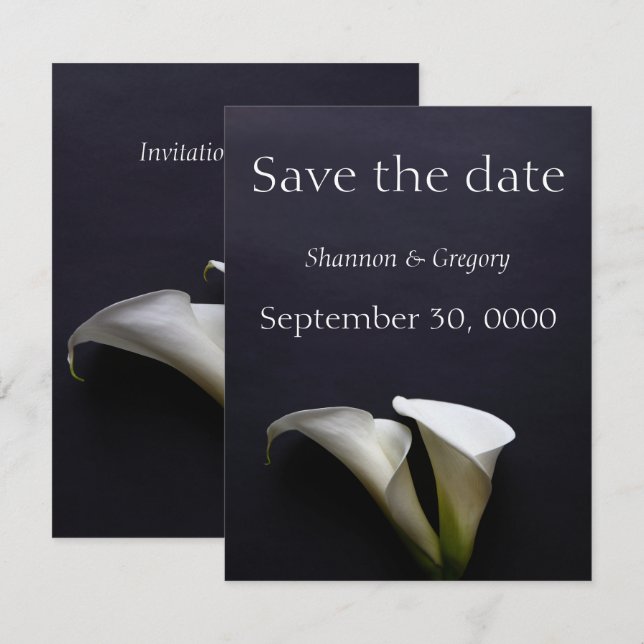 Calla lilies on a dark background save the date (Front/Back)