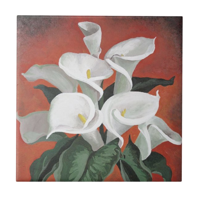 Calla Lilies On A Red Background Ceramic Tile (Front)