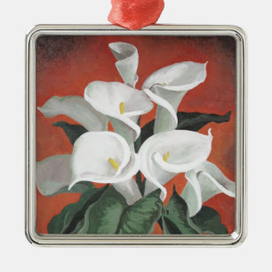 Calla Lilies On A Red Background Metal Tree Decoration