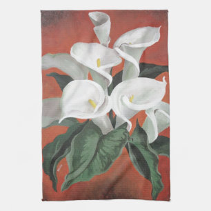 Calla Lilies On A Red Background Tea Towel