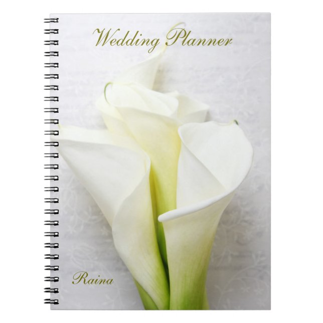Calla lilies on floral textured script wedding notebook (Front)