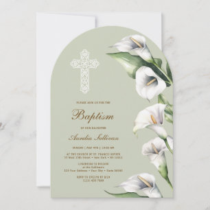 Calla Lilies on Sage Green Arch Baptism Invitation
