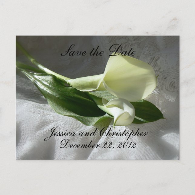 Calla Lilies on White Lace Save the Date Announcement Postcard (Front)