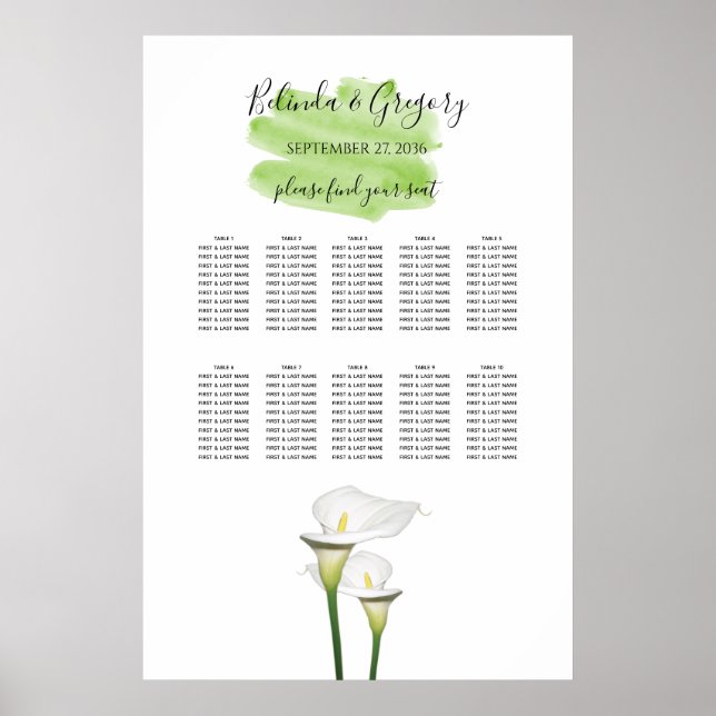 Calla Lilies Watercolor Wedding Seating Chart (Front)